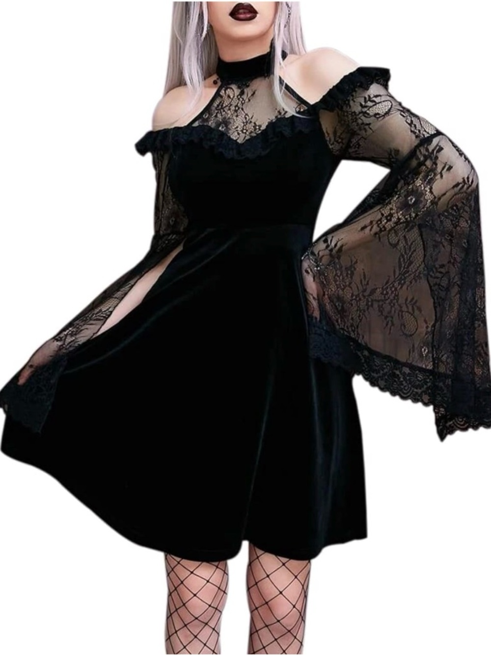 NWT Gothic Velvet and Lace Split Sleeve Cold Shoulder Mesh Dress Black Medium - Picture 8 of 11